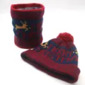 Ensemble bonnet en tricot de Noël et tour de cou polaire avec joli motif de cerf. - Taille unique / Bordeaux