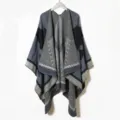 Winter knitted wool cape shawl, geometric pattern fringe design, warm fashion outerwear. - Light Blue