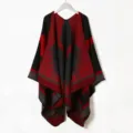 Knitted geometric colorblock poncho shawl winter warm cape wrap for women outerwear - Black + Red