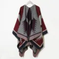 Autumn winter knitted poncho cape, warm imitation cashmere tribal geometric pattern shawl. - Burgundy + Gray