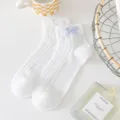 Cute white mesh short socks with blue plaid bow, Japanese sweet lace ballet style women socks. - One Size / White