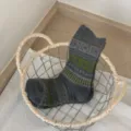 Chaussettes mi-hautes en laine tricotée vintage pour femme, motif ethnique hiver - Taille unique / Gris foncé