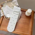 Floral slouch socks autumn vintage style mid tube cotton socks light luxury sweet design - One Size / Creamy White