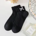 Black cute short socks for women with purple plaid bow, breathable mesh ruffle design daily wear. - One Size / Black