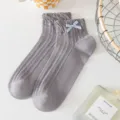 Cute grey mesh short socks for women with sweet blue plaid bow and ruffled lace trim, summer style. - One Size / Gray
