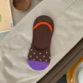 Korean style color-block low cut boat socks for women, brown with purple toe and orange trim. - One Size / Coffee
