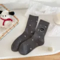 Cute Korean star cat embroidered mid-tube women socks, breathable cotton socks, dark grey. - One Size / Dark Gray