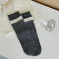 Women grey crew socks with white floral ruffle cuff, cute knitted cotton fashion daily wear. - One Size / Dark Gray