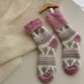 Cozy winter fleece lined thermal socks with Nordic tree pattern and soft pink furry cuffs. - One Size / White Pink (Slightly Longer)