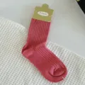 Women solid pink ribbed mid-tube socks spring summer casual breathable cotton hosiery - One Size / Rose Red