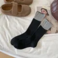 Black and grey contrast slouch socks for women, winter thermal ribbed cotton mid-calf hosiery. - One Size / Black