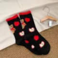 Chaussettes d'hiver pelucheuses ours cœur rouge noir mi-mollet chaussettes de noël femme - Taille unique / Noir