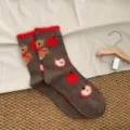 Chaussettes douillettes pour femmes avec motif ours et pomme, chaussettes d'hiver chaudes. - Taille unique / Café