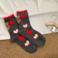Grey fuzzy winter socks with cute red apple and bear patterns, cozy thermal crew socks for women. - One Size / Dark Gray