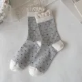 Grey women mid-calf socks with cute vertical stripes, bow embroidery and ruffles. - Lace Heart