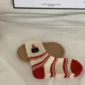 Mujeres rojo blanco rayas calcetines cálidos punto lindo gato diseño invierno cómodos calcetines - Talla única / Rayas