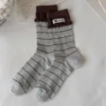 Women's mid-calf striped socks with brown ruffles, comfortable cotton casual hosiery. - Light Grey Cloth Label
