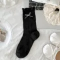 Été fines chaussettes mi-tubes japonaises douces nœud en dentelle noire pour femmes mode - Taille unique (Emballage individuel) / Noir