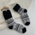 Fluffy thermal winter socks with Fair Isle pattern, thick cozy fleece cuff crew socks grey - One Size / Black Ribbed Cuff (Slightly Longer)