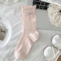 Chaussettes pour femmes douces et fines d'été avec volants en dentelle et nœud, design respirant. - Taille unique (Emballage individuel) / Rose Clair