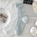 Chaussettes mi-mollet douces bleu clair pour femme avec volant en dentelle et joli nœud. - Taille unique (Emballage individuel) / Bleu clair