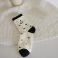 Cute embroidered puppy mid-tube socks with black and white color block design for winter warmth. - One Size / Dog with Bow