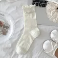 Calzini al polpaccio bianchi carini con pizzo e fiocco stile giapponese traspiranti per donna - Taglia unica (Confezione singola) / Bianco Crema
