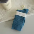 Women blue ribbed mid-tube socks Japanese style casual cotton candy color socks daily wear - Dark Blue