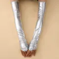 Gants Longs Sans Doigts En Cuir Verni Argenté Métallique 48cm Pour Femme Sexy Chic - Taille unique / Argent