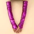 Gants longs sans doigts violet métallisé, gants d'opéra brillants en cuir verni pour femmes. - Taille unique / Violet