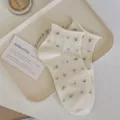 Women cute floral short socks spring summer breathable rolled edge white socks casual - One Size / Cream White
