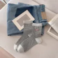 Women striped mid-tube socks with cute dog embroidery, comfy cotton casual socks. - One Size / Gray