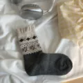 Women winter wool socks, Fair Isle pattern, gray beige knit variant, cozy warm mid-tube. - One Size / 035 Dark Gray