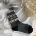 Grey Fair Isle pattern wool mid-tube socks, thick warm winter women knit socks style. - One Size / 097 Dark Gray