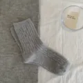 Grey wool cable knit mid-tube socks for women, vintage slouch thermal winter daily wear apparel. - One Size / Heather Gray