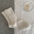 Women winter wool mid calf socks vintage thick warm cable knit solid color slouch socks - One Size / Beige Vertical Stripes