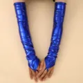 Blue patent leather fingerless long gloves for women evening party opera dress costume - One Size / Blue