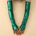 Metallic green long fingerless gloves, patent leather opera party accessory for women. - One Size / Green