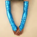 Metallic blue long fingerless opera gloves, 48cm shiny patent leather party evening wear. - One Size / Sky Blue