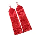 Red satin pleated long gloves with rhinestone loop, elegant bridal prom evening accessories. - Red