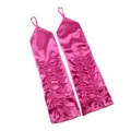Hot pink satin long gloves with rhinestone and finger loops for women evening prom party. - Rose Red