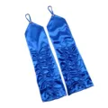 Blue satin long pleated gloves with finger loop and rhinestone for women wedding prom accessory. - Blue