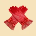 Gants courts élégants en satin et dentelle rouge avec nœud pour mariage rétro thé - Taille unique / Style Nœud / Rouge
