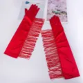 Gants Longs en Satin à Franges Rouges pour Femme, Gants de Soirée et Fête Sexy et Scène - Taille unique / Rouge