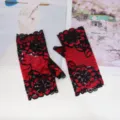 Red black lace fingerless gloves, breathable summer sun protection driving gloves. - One Size / Red