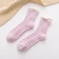 Damen Winter Verdickte Korallenfleece Zopfmuster Mittelhohe Warme Haussocken Rosa Neu - Einheitsgröße / Hellviolett