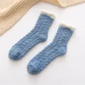 Winter warm coral fleece mid-calf socks for women, thick soft fuzzy floor socks in blue and white. - One Size / Fog Blue