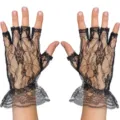 Gants en dentelle noire sans doigts pour femmes, design élégant à volants pour l'été. - Taille unique / Noir