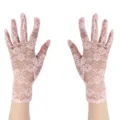 Elegant women short lace sun protection gloves driving wedding bridal pink floral gloves - One Size / Pink