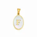 Gold plated stainless steel oval pendant with mother of pearl and letter F for DIY necklace. - Oval Shell Letter F
